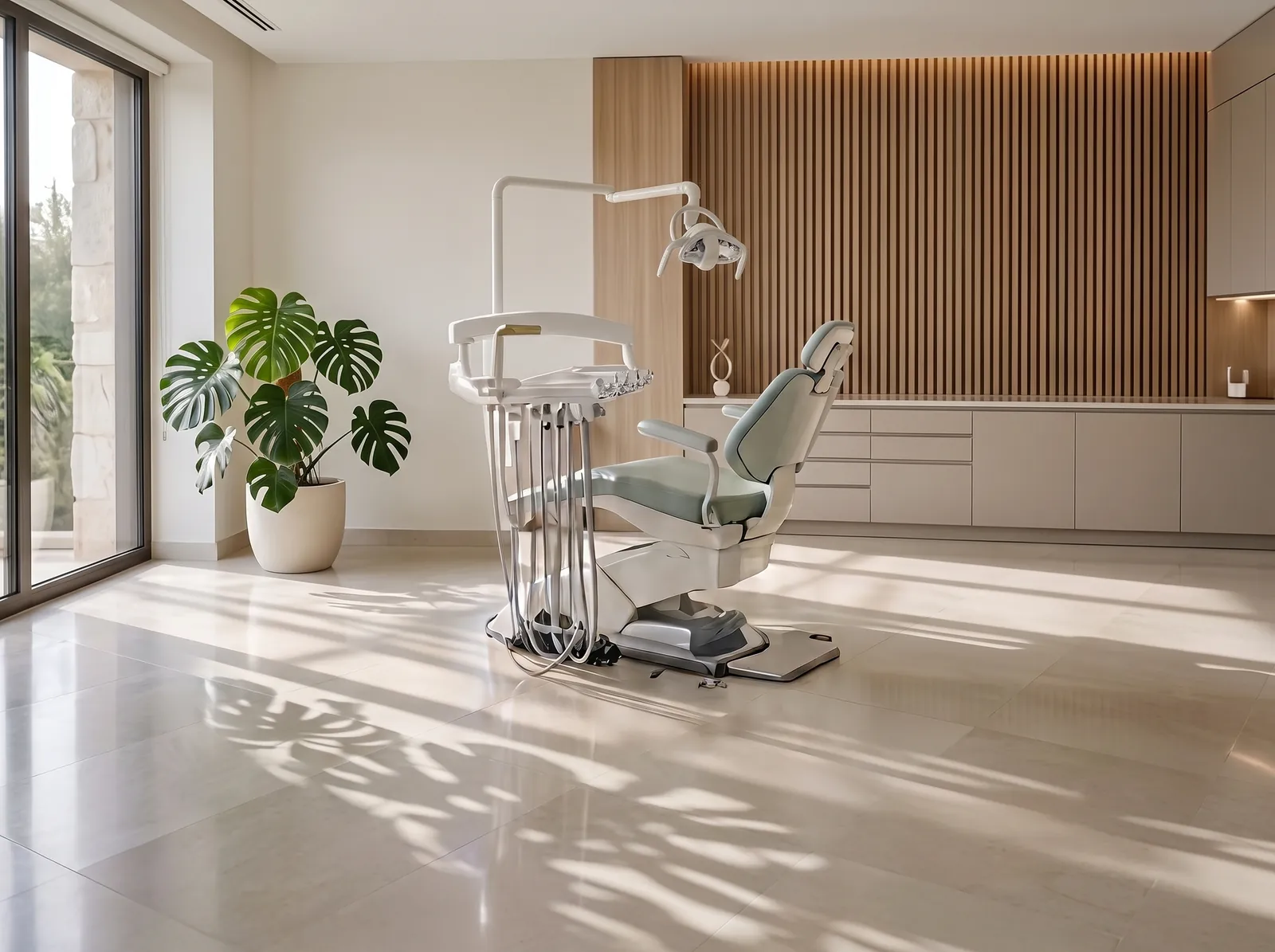 Gün ışığı alan, ahşap panelli sade bir diş kliniği muayene odası; demo klinik sitesi görseli