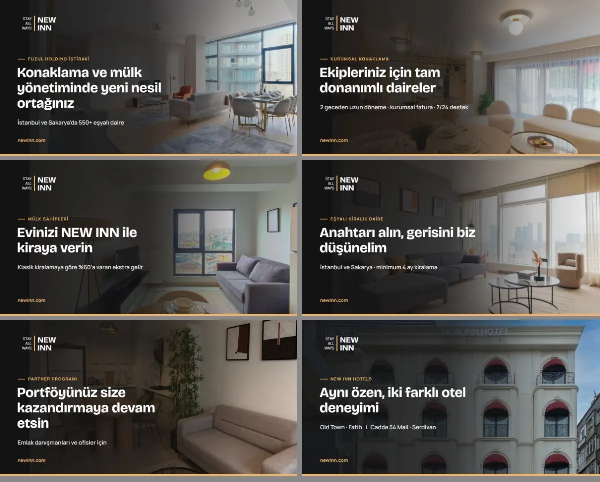 NEW INN yeni sayfaları için hazırlanan altı paylaşım görseli: ana sayfa, kurumsal konaklama, mülk sahipleri, eşyalı kiralık daire, partner programı ve oteller.
